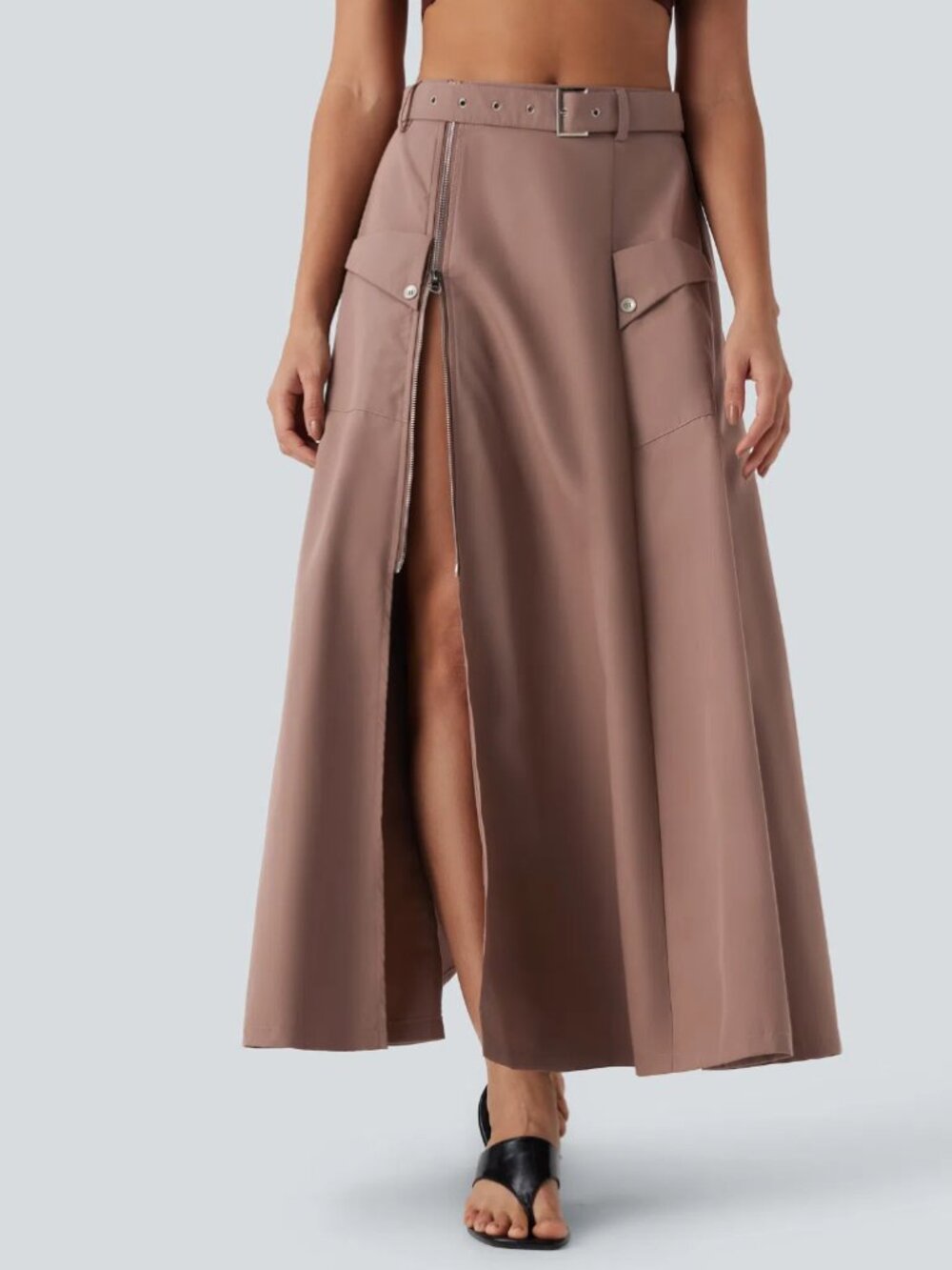 Mid Rise Belted Zipper Maxi Casual Skirt with Pockets